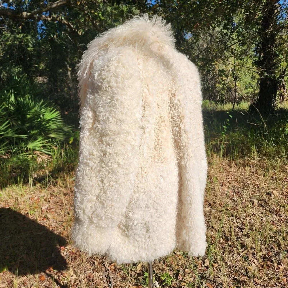 Vintage Genuine Shearling Mongolian Lamb Fur Shag Curly Ivory Long Coat 70's - Picture 9 of 16